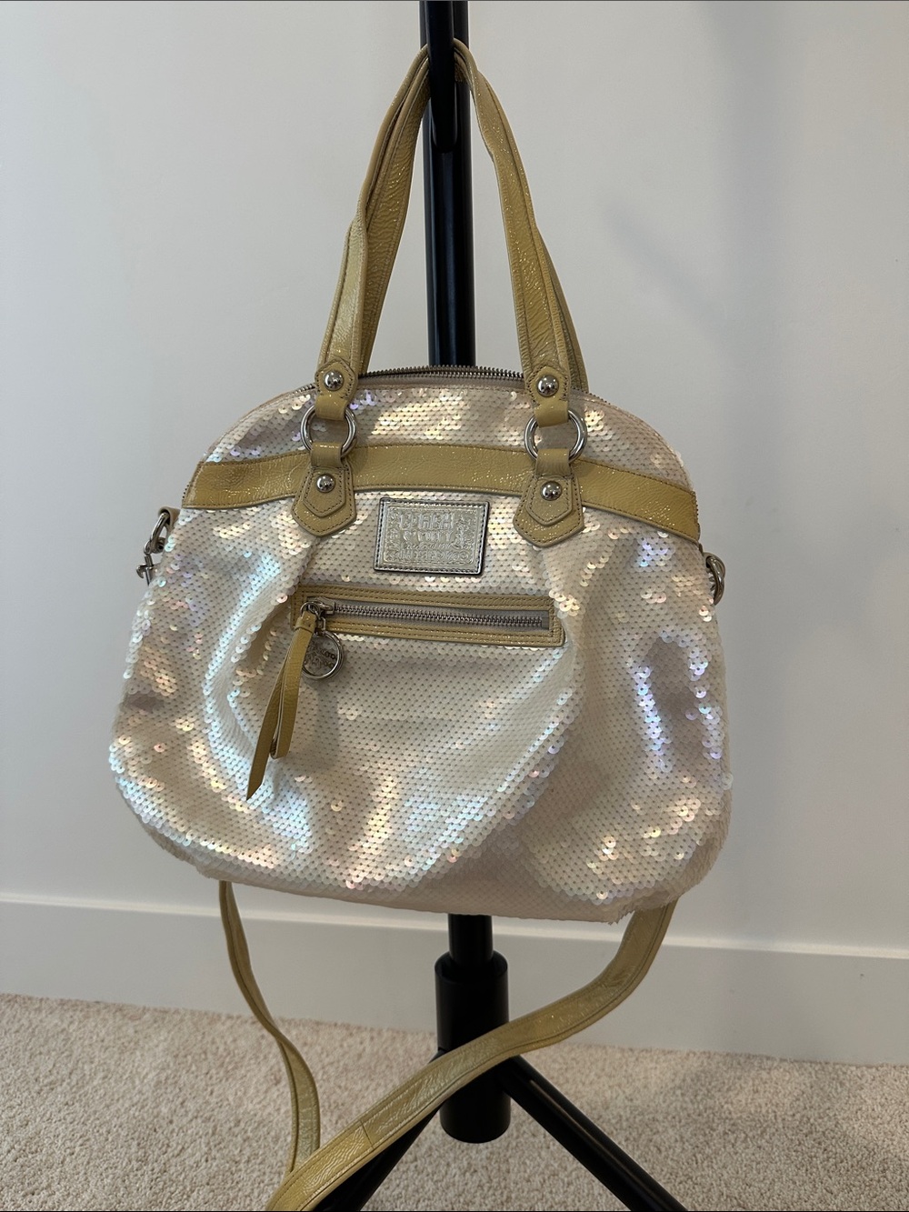 Coach Iridescent Sequin Dome Satchel with Yellow Trim Y2K